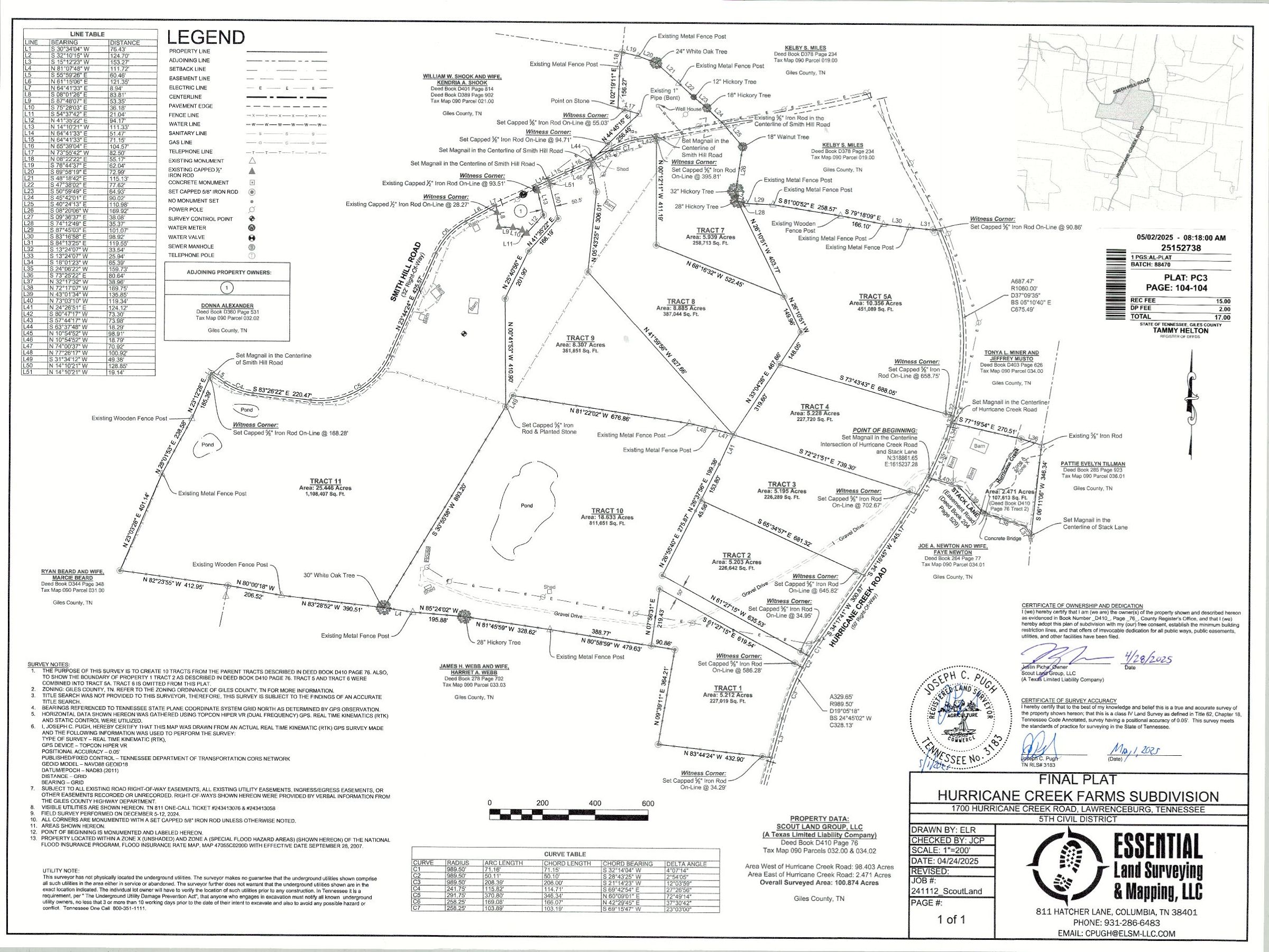 Recorded survey - Hurricane Creek Farms Subdivision, Giles County, TN