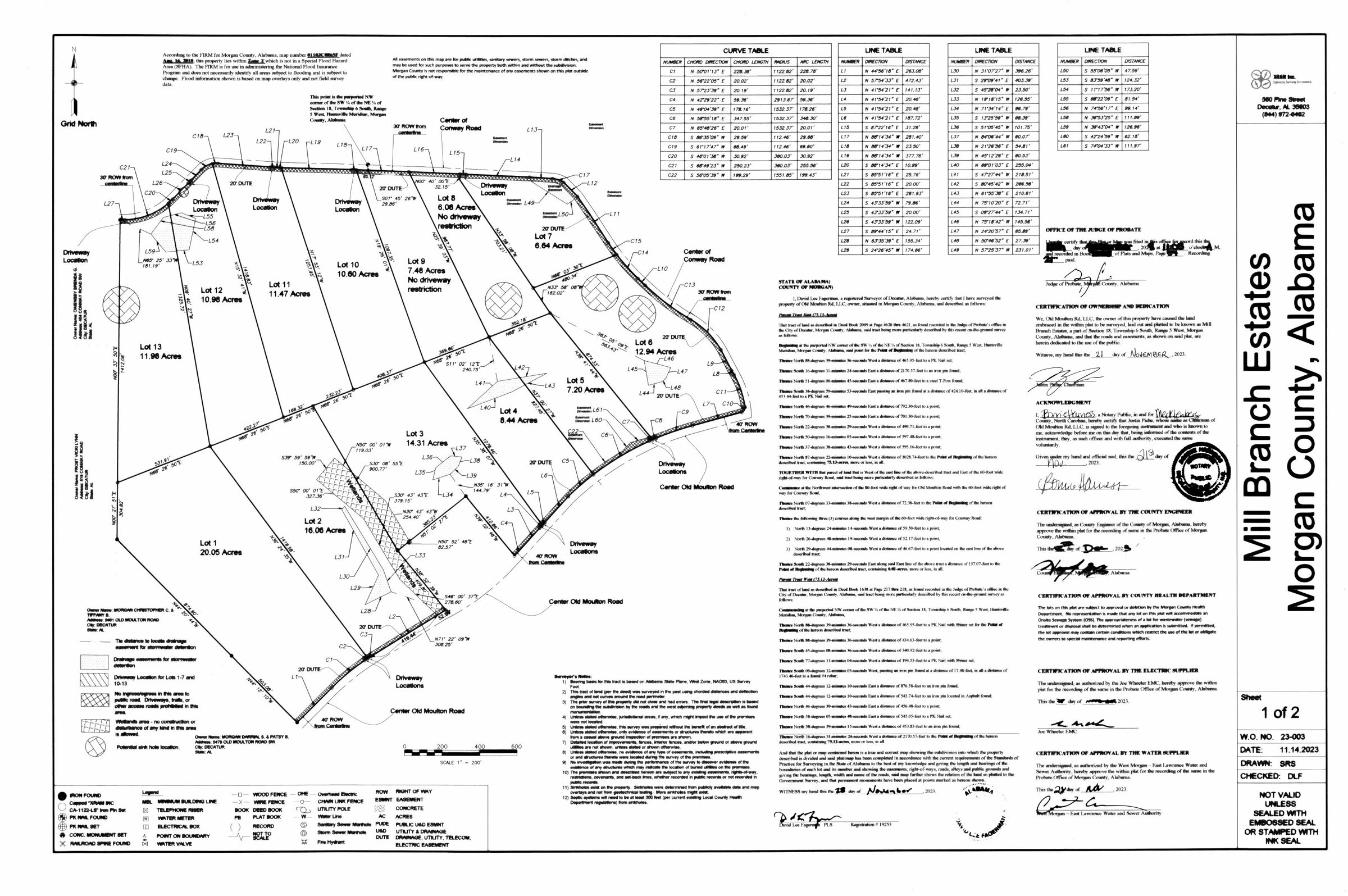 Recorded plat, sheet 1 of 2 - Mill Branch Estates, Morgan County, AL