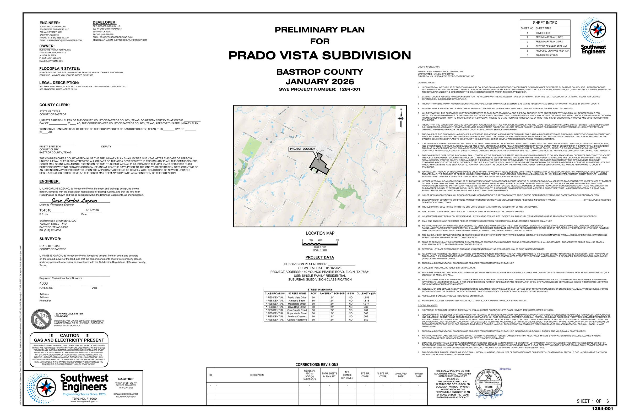 Cover sheet, sheet 1 of 6