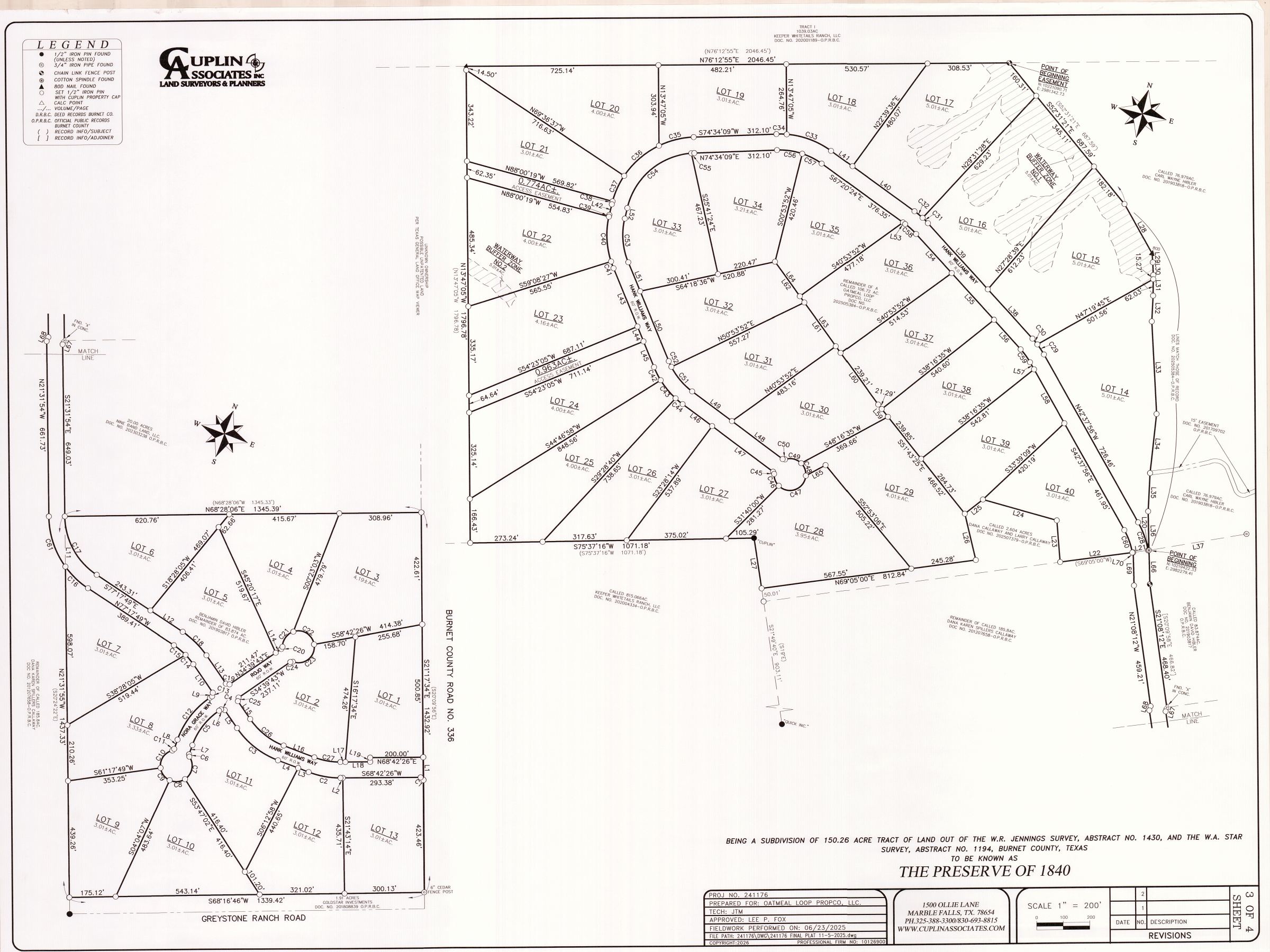 Recorded final plat - lot map - The Preserve of 1840, Burnet County, TX