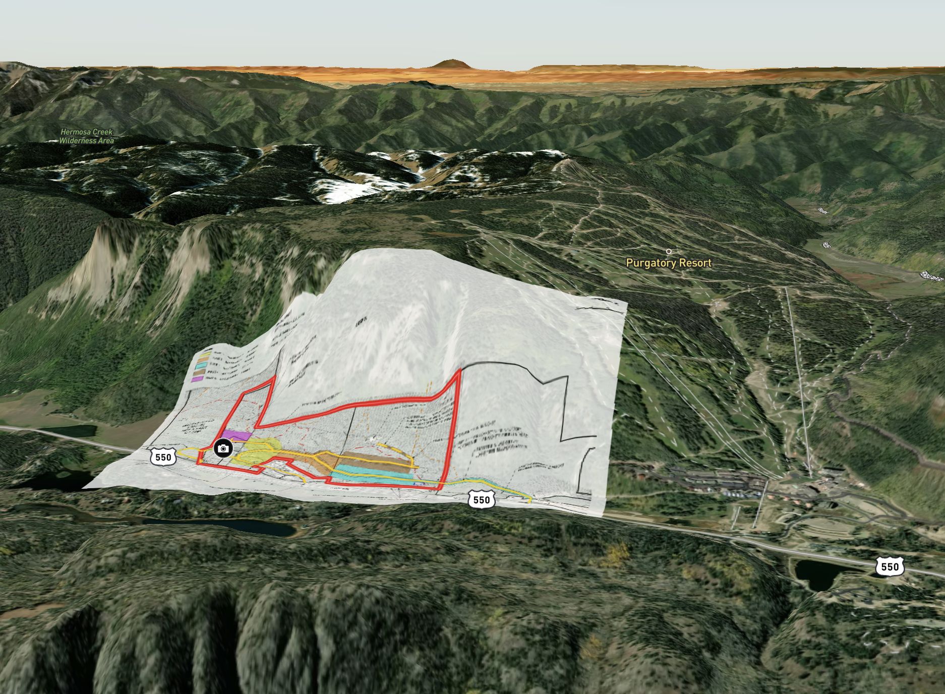 Concept overlay on terrain - the property beside Purgatory Resort (Land iD)