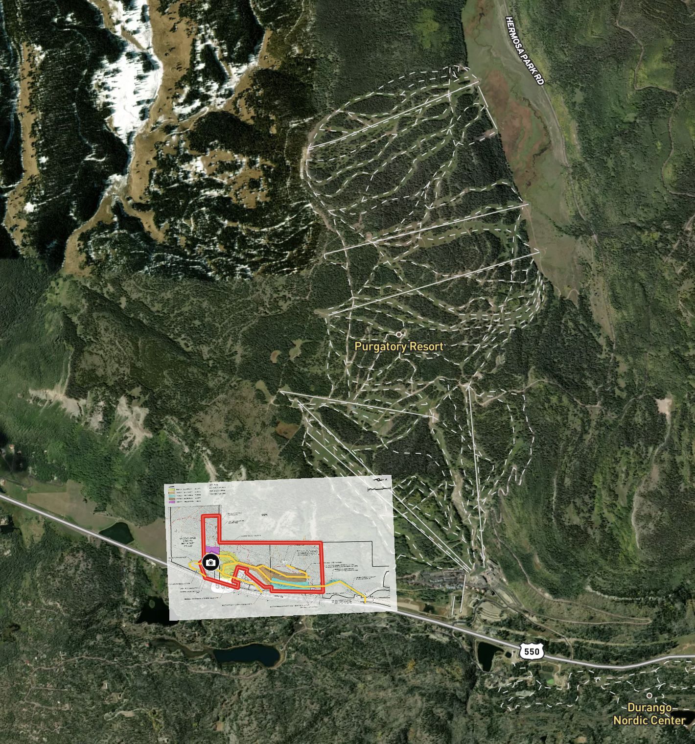 Overhead view - the property adjacent to the Purgatory Resort trail network (Land iD)